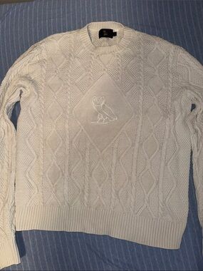 OVO Cream Cable Knit Crewneck Sweater with Embroidered Owl
